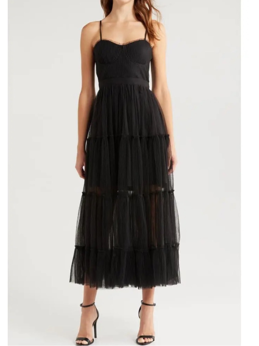 MOON RIVER Plissé Tiered Tulle Midi Dress
